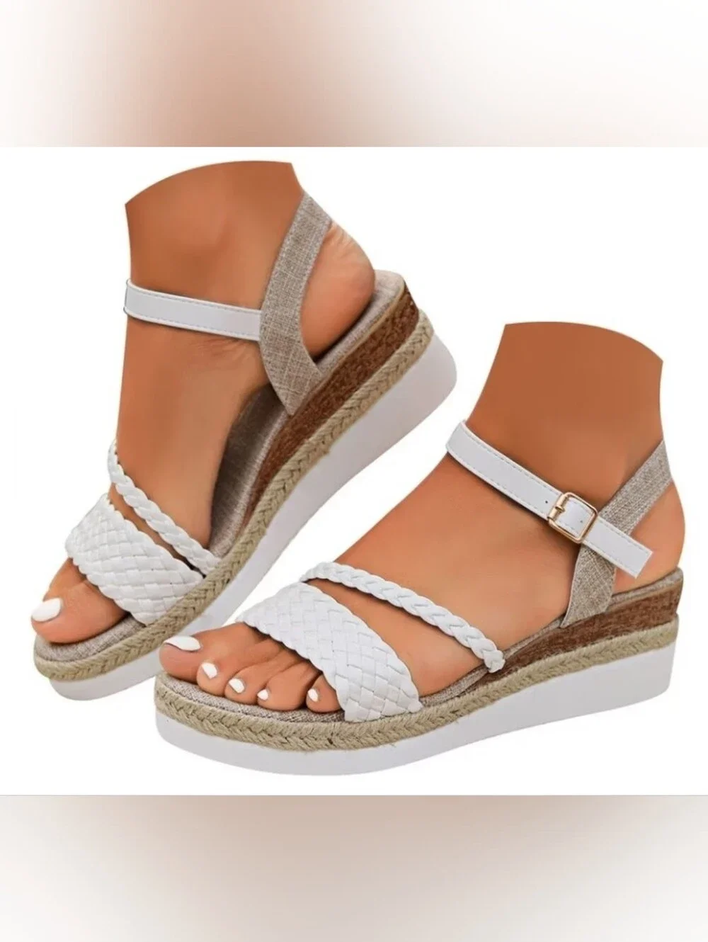 Braided White Espadrille Wedge Sandals with Ankle Strap
